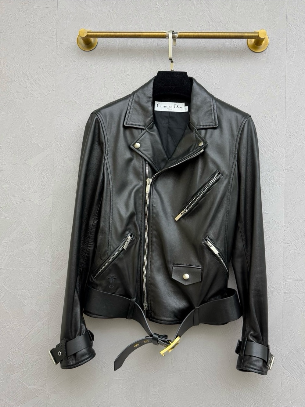 🚩steal Dior Black Leather Biker Jacket with Zip Details